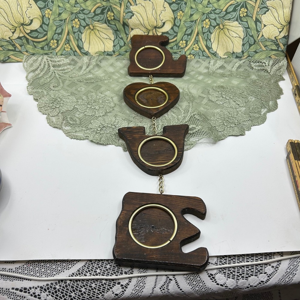 Vintage Dark Wood Carved Love Hanging Sign Picture Frame Photo Holder Wall Art